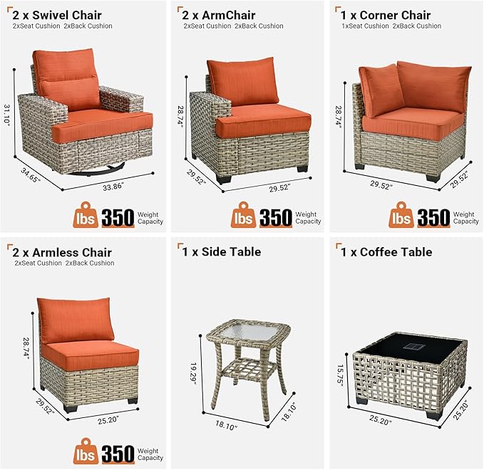 ovios 9 Piece Patio Sectional Furniture with Swivel Rocking Chairs, Rattan Wicker Coversation Set with Glowing Coffee Table, Outdoor Sofa Set for Outside Porch Balcony Backyard Pool,Orange