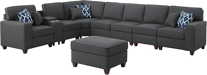 ERYE 151-Inch U-Shaped Sectional Sofa Linen Upholstered Corner Convertible Sectional,9 PCS Modular Couch with Ottoman,Storage Console, Cupholders and Charging Station