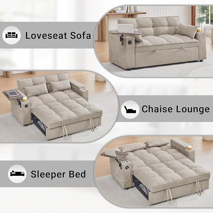 3 in 1 Sofa Bed, 65 Inches Convertible Loveseat Sleeper with Side Table, Pull Out Couch with 3 Level Adjustable Backrest, Chaise Lounge with USB and Type-C Ports for Living Room, Khaki