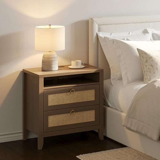 Dowinx 23.6" Night Stand with Charging Station, 2 Drawers and Storage Shelf, Rattan Nightstands Boho, for Bedroom Small Space Corner, Oak - Image 9