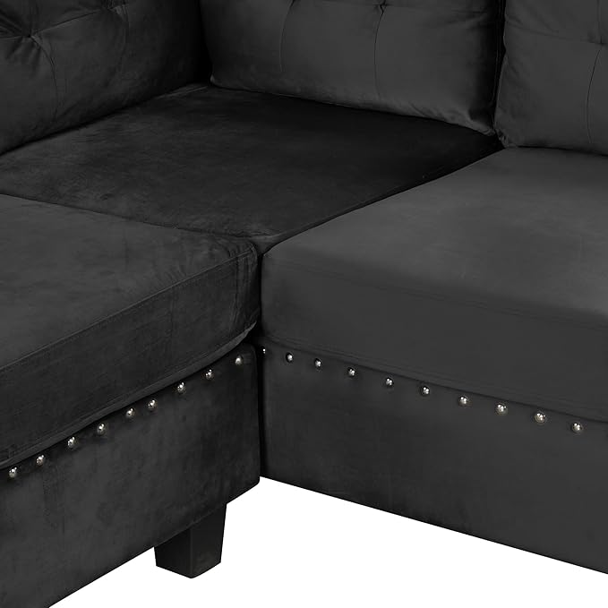 Ball & Cast L-Shape Sectional Couch with Storage Ottoman,105" Couches for Living Room W/ 2 Pillows & Cup Holders,6 Seat Velvet Sleeper Sofa W/Reversible Chaise,Comfy Couches for Apartment,Black