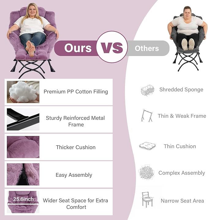 MBOOYOME Lazy Chair with Ottoman, Modern Accent Lounge Armchair with Side Pocket & Foldable Footstool, Leisure Reading Chair for Living Room, Bedroom, Dorm & Office, Plush Purple