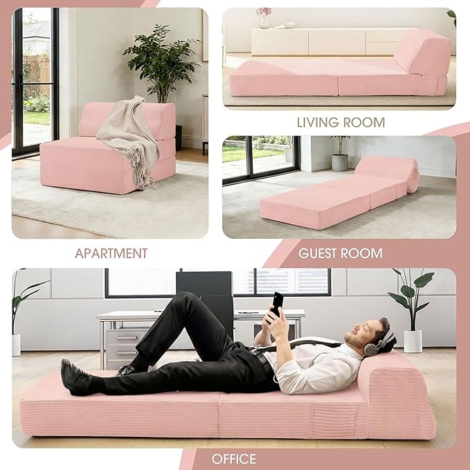 Folding Sofa Bed with Pillow, Memory Foam Fold Out Chair Bed, Convertible Sleeper Chair with Washable Cover, Futon Floor Couch for Living Room/Dorm/Guest Use/Home Office/Apartment,Pink