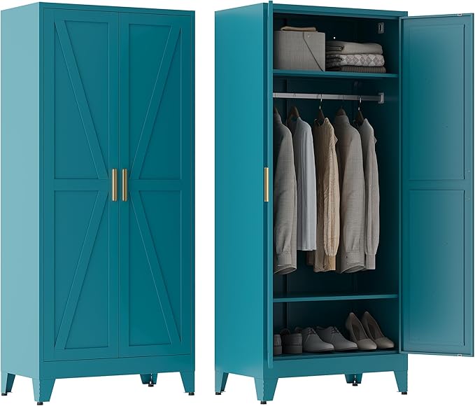 71" Tall Metal Armoire Wardrobe Closet, Clothing Storage Cabinet, Freestanding Wardrobe Cabinet with 2 Adjustable Shelves for Bedroom, Office, Garage