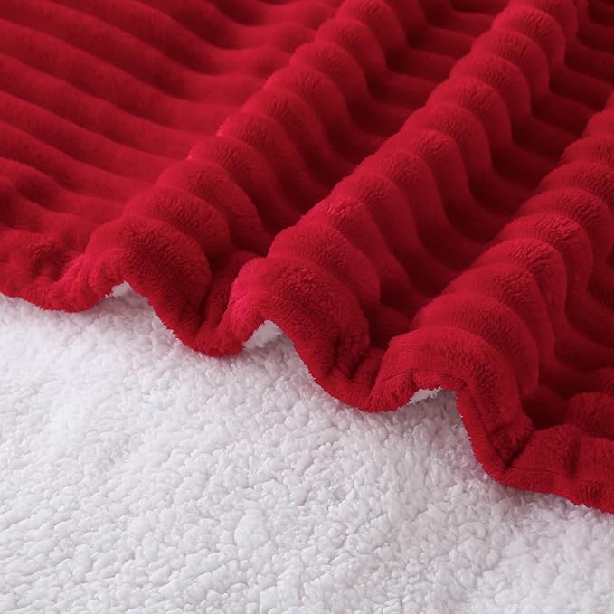 Red Sherpa Fleece Throw Blanket 90”×90” for Couch Sofa Bed,Super Soft Cozy Plush Double Side Thick Flannel Blanket with Striped Design Lightweight for Adults,Woman,Girls