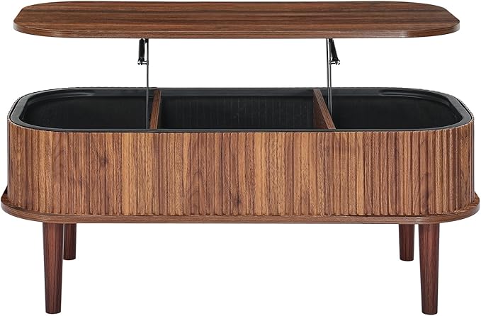 VEVOR Fluted Lift Top Coffee Table, Oval Walnut Coffee Table with 3 Hidden Compartment, Mid Century Modern Wood Center Table with Storage, Lift up Tabletop for Home Living Room Office, Easy Assembly