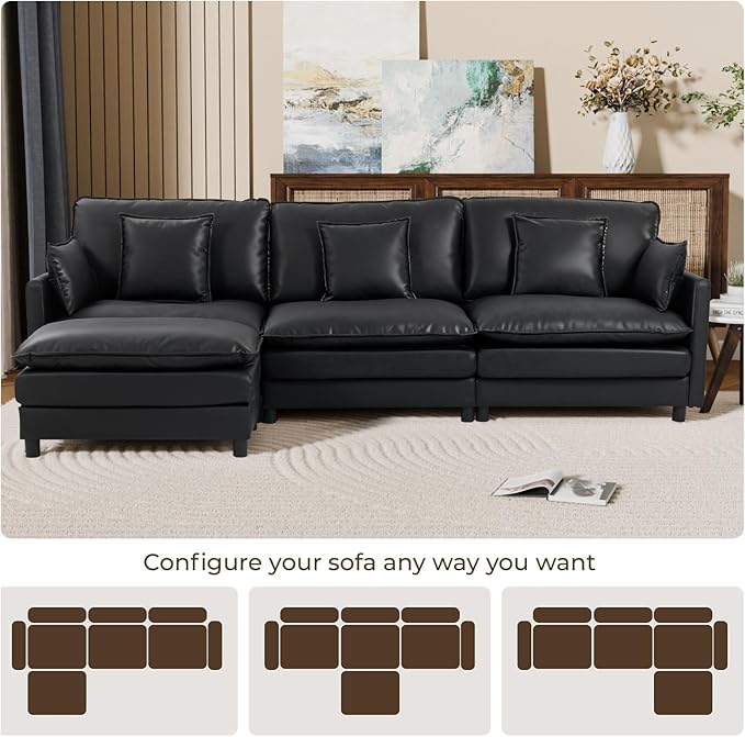 L Shaped Cloud Sofa, 4-Seater Modular Couch with Double Layer Upholstered Seat Cushion, PU Sleeper Sofa with Ottoman & Pillows, Comfort Couches for Living Room, Bedrooms & Apartments, Black
