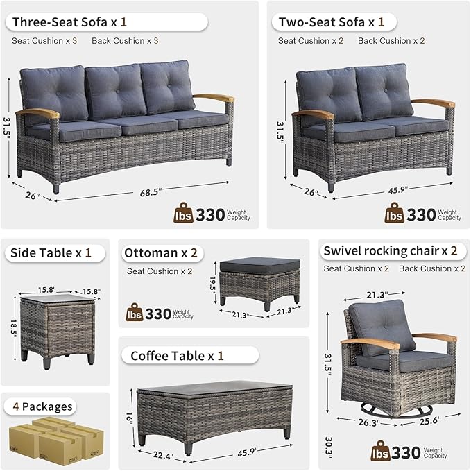 MEISSALIVVE 8 Pieces Patio Furniture Sets,Wicker Patio Conversation Sets with 2 Wood Armrests Swivel Glide Chairs, Outdoor Couch, Loveseat for Deck Yard and Poolside (Grey)