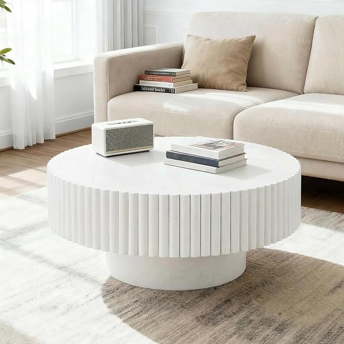 Rovibek Fluted Round Coffee Table, 31.5" Modern Coffee Table with Fluted Base, Circle Wooden Accent Center Table for Living Room Apartment Office, Easy Assembly, White