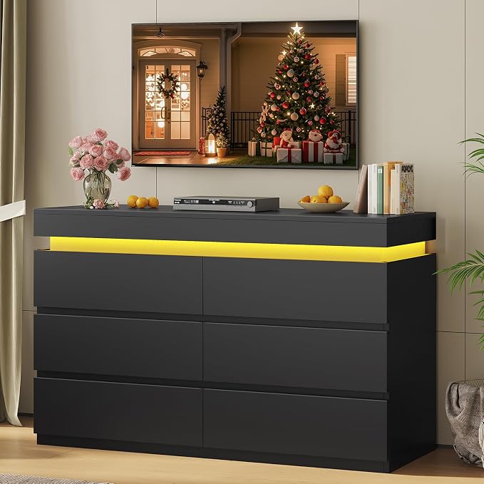 HAUOMS 6 Drawer Dresser with LED Light, Black Modern Chest of Drawers for Bedroom,Closet Dressers with Drawers for Living Room, Entryway, Hallway - Image 8
