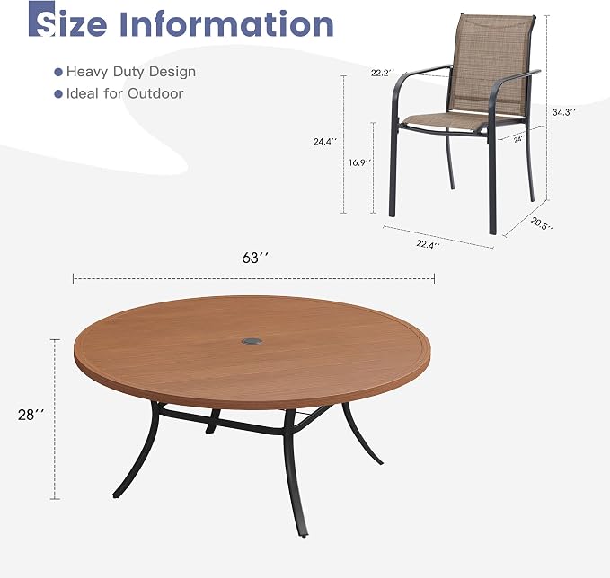 VICLLAX Round Outdoor Dining Set, Patio Table and Chairs Set Set of 10 Patio Stackable Chairs and 63" Outdoor Round Table with Umbrella Hole for Backyard Lawn Garden, Brown Chairs and Walnut Table - Image 7