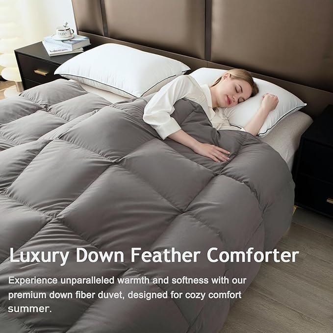 Grey Feather Down Comforter Queen Size,Premium Ultra-Soft Breathable Comforter High Fill Power Duvet Insert,All Season Hotel Luxury Bedding Comforters 8 Corner & Center Loops,Baffle Box Design