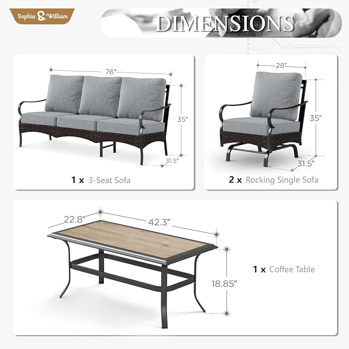 Sophia & William Patio Furniture Set, 4 Piece Metal Outdoor Conversation Set with 3-Seater Outdoor Couch, 2 Sofa Chairs, 1 Coffee Table for Outdoor Seating, Backyard, Porch(Grey)