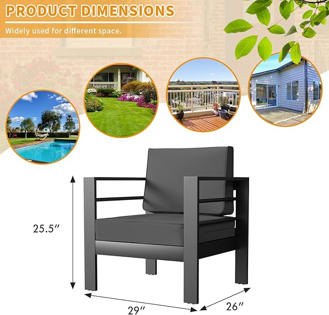 Aluminum Patio Furniture Set, Single Chair Outdoor Set with 5 Inch Cushions, Patio Sofa Sets with Waterproof Covers for Backyard Garden(Grey)
