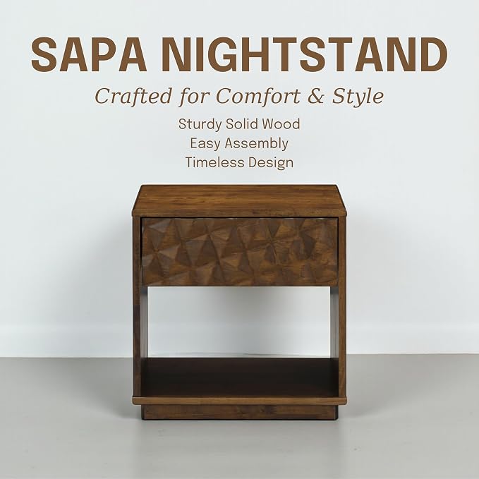 NTC Sapa Solid Wood Nightstand with 3D Carved Drawer Front – Modern Bedside Table with Open Shelf, Easy Assembled - Dark Walnut - Image 8