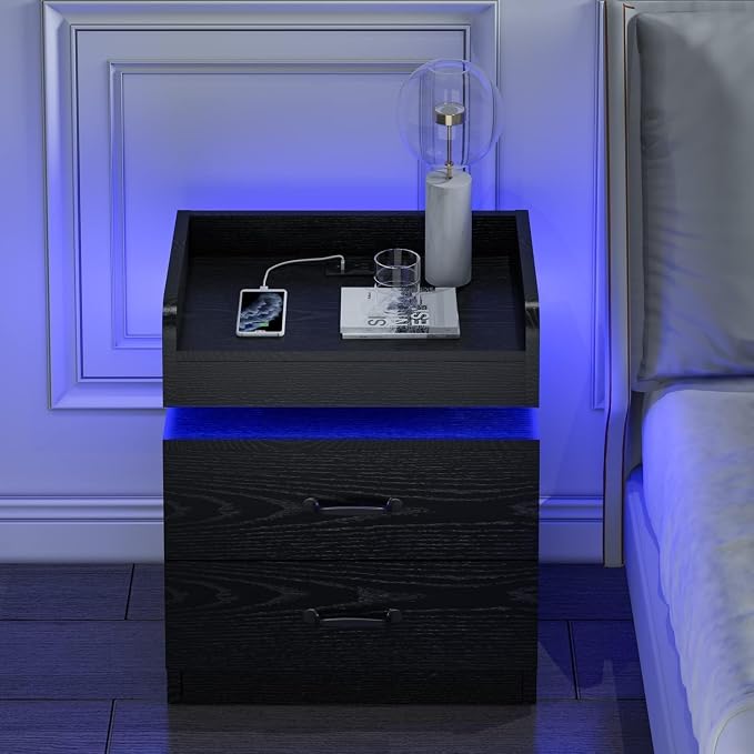 4ever2buy Black Nightstand Set of 2 with Charging Station and LED Lights Modern Bedside Tables with Drawers End Tables for Bedroom - Image 9