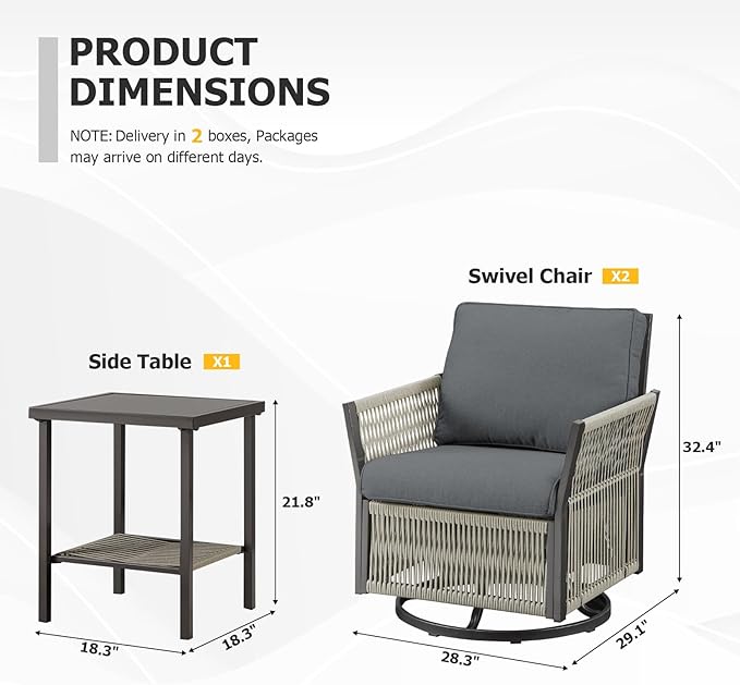 Patio Wicker Chairs Swivel Rocker, Outdoor Swivel Rocking Chairs Set of 2 with Rattan Side Table, 3 Piece Patio Swivel Glider Chair Patio Furniture Sets for Deck Porch Backyard (Grey)