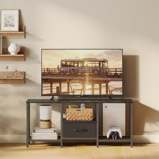 JARHETUN TV Stand with Fabric Drawer, Entertainment Center for 50 55 Inch TV, Industrial TV Console Table with Open Storage Shelves for Living Room, Bedroom, Black - Image 8