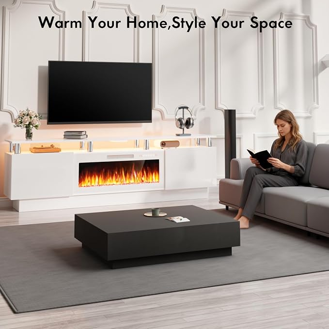 TAVATA 80" Fireplace TV Stand Up to 90" TVs, High Gloss Modern Entertainment Center with Storage for Living Room, Wood Media Console Cabinet with 36" Fireplace & Open Shelf, White - Image 7