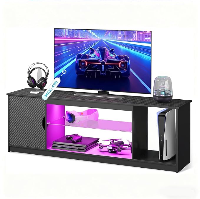Bestier 57" LED TV Stand for 55/60/65 Inch TVs - Gaming Entertainment Center with RGB Lights, Adjustable Glass Shelves & Cabinet for PS5/Xbox, Modern Black TV Console for Living Room - Image 7