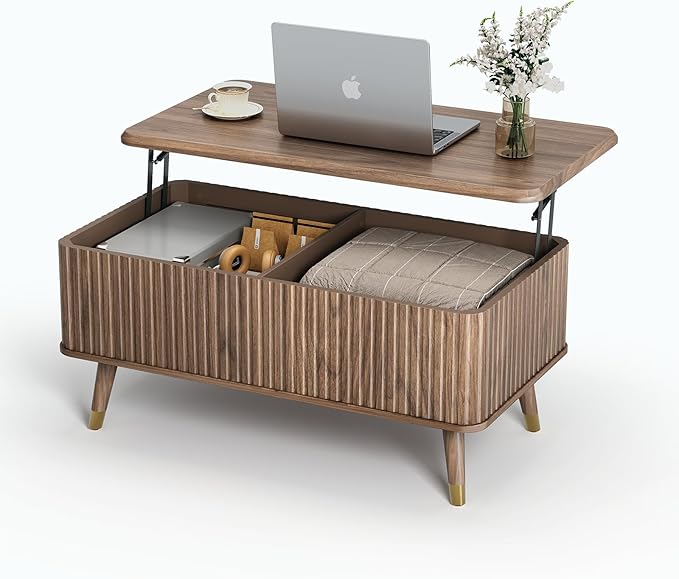 Lift Top Coffee Table with Storage, Mid Century Modern Coffee Table with Solid Wood Legs, 38" Minimalist Fluted Center Table for Living Room, Home Office, Walnut