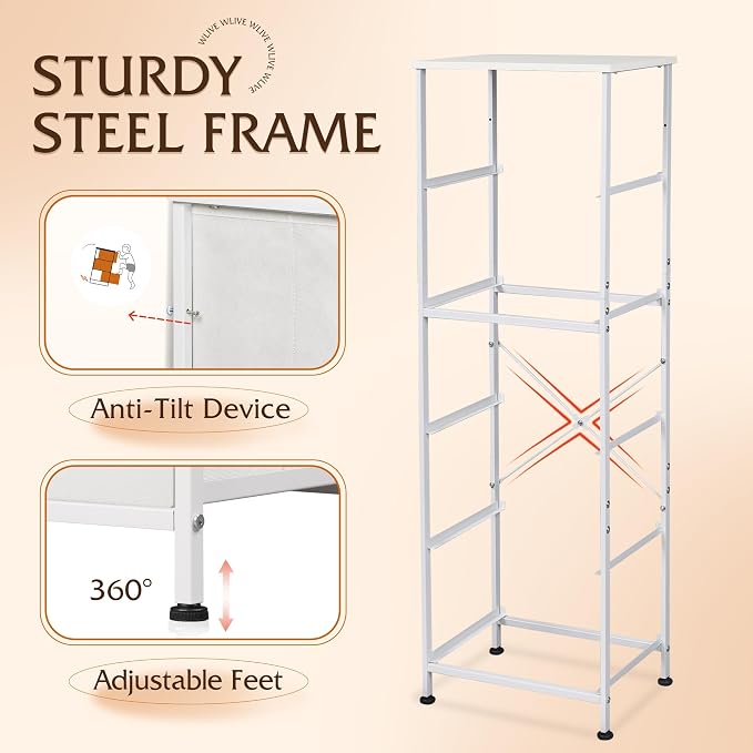WLIVE Fabric Dresser, 5-Drawer Tall Dressers for Bedroom, Storage Dresser Organizer with Fabric Bins, Wood Top, Sturdy Steel Frame, Chest of Drawers for Closet, Hallway, White - Image 7