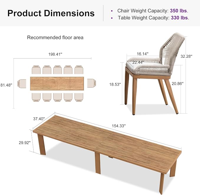 PURPLE LEAF 13 Pieces Patio Dining Set Aluminum Rectangular Table and Wicker Chairs with Cushions for Kitchen Porch Garden Modern Outdoor Furniture Sets, Teak - Image 9