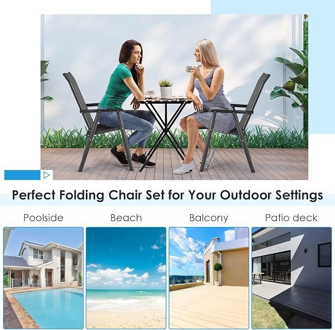 Giantex Set of 2 Patio Folding Chairs, Portable Outdoor Dining Chairs with Armrest for Porch Camping Pool Beach Deck Lawn Garden, Metal Frame, Black - Image 9