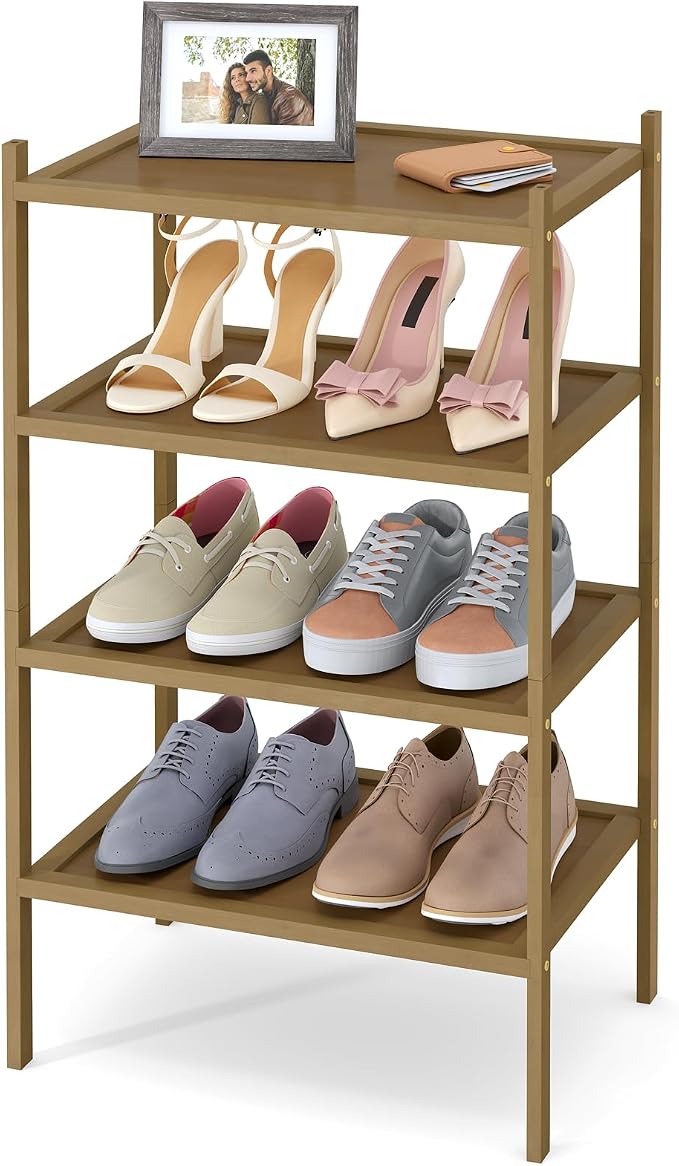 Smiry Bamboo Small Shoe Rack, 4 Tier Shoe Organizer for Entryway & Closet, Stackable Free Standing Storage Shelf for Shoes, Bags & Plants, Walnut by Smiry