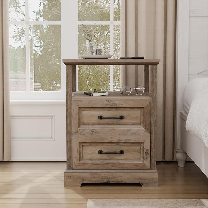 HOMMPA 18'' Farmhouse Nightstand with Charging Station, Bedside Tables with Open Shelf, 2 Drawers End Table Dresser Side Table, Wood Night Stand for Bedroom, Rustic Greige - Image 9