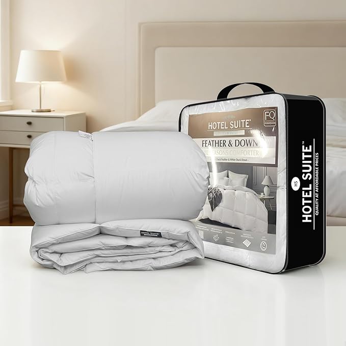Hotel Suite Luxurious Feather and Down Comforter Duvet Insert Full/Queen Size, 100% Cotton Cover, Hotel Collection Quilts, 56 oz Fill Weight, All Season Medium Warmth 88 x 88 Inch White