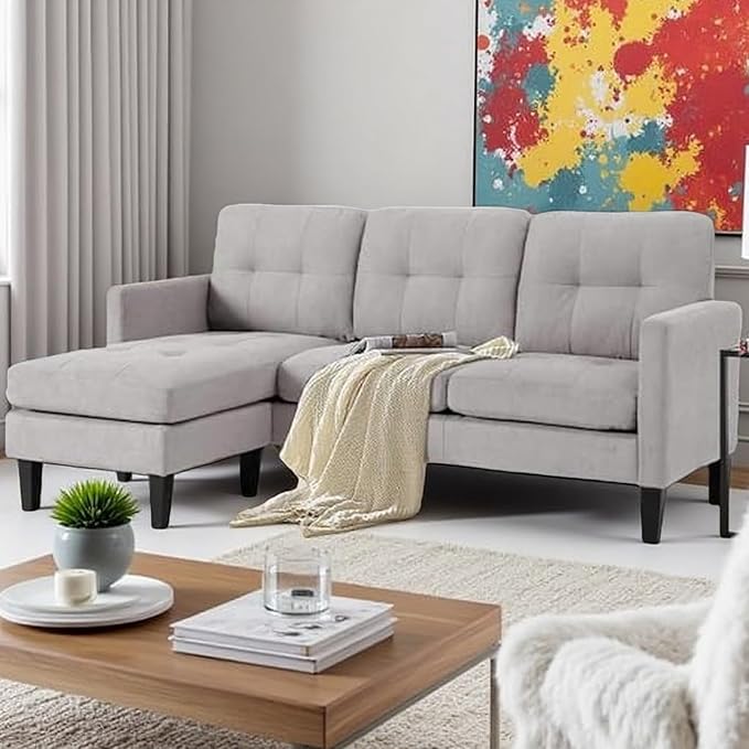 L Shaped Sectional Sofa with Movable Ottoman, Lounge Sectional Sleeper Sofa Couch for Apartment & Small Space, Small Couch for Living Room, Light Gray