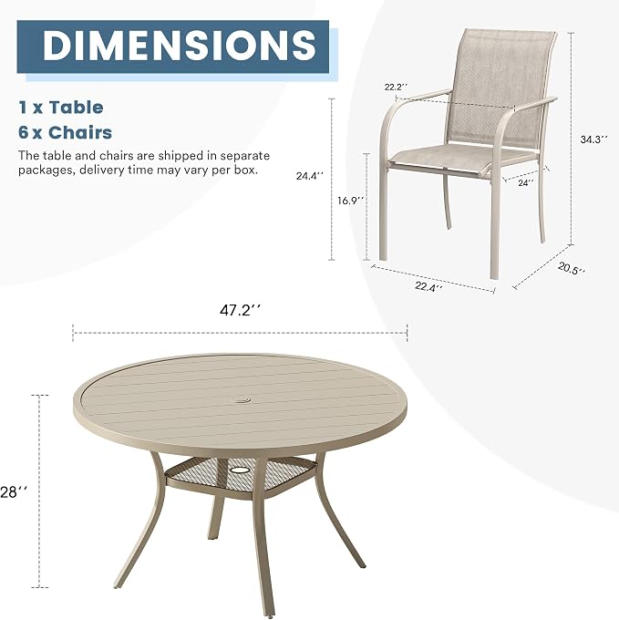DIFY 7 Pieces Outdoor Patio Dining Set for 6, 47.2" Sandshell Round Dining Table and 6 Sandshell Stackable Sling Dining Chairs, Metal Outdoor Table and Chairs for Lawn Garden Backyard Deck - Image 8