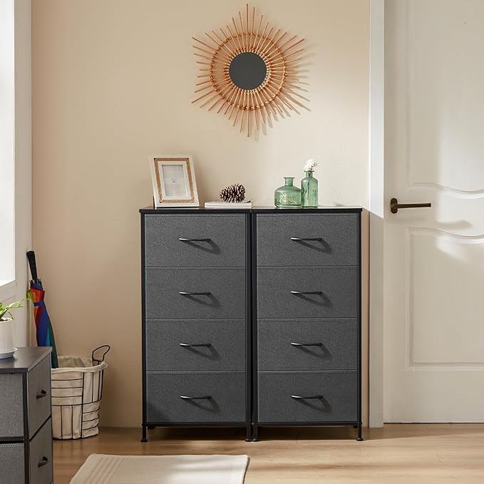 Simple Deluxe 4 Drawer Dresser, Fabric Storage Tower Organizer with Sturdy Steel Frame and Wood Top, Easy Pull Handles, for Bedroom, Entryway, Hallway, Grey