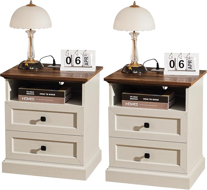 Night Stand with Charging Station, Bedside Table with 2 Drawers Storage and Open Shelf, 20" Wider Farmhouse White Nightstand with Outlets, Wood Modern End Table for Bedroom Office - Image 8