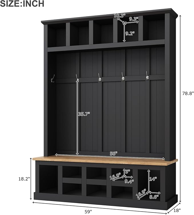 Farmhouse Wood Hall Tree with Bench and Shoe Storage, 5-in-1 Coat Rack with 6 Hooks for Entrance, Hallway Black - Image 7
