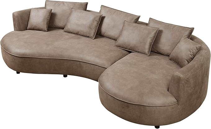 KEIKI 129" Curved Oversized Modular Leathaire Sectional Sofa with Right Chaise, 4 Pillows, 3 Back Cushion, Modern Style Comfy 5-Seater Couch, Easy Assembly, for Office, Apartment, Living Room, Brown