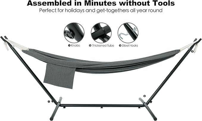 GAFETE Double Hammock with Stand for Outside, Upgraded Spreader Bar, Heavy Duty Space Saving Steel Stand 2 Person, Side Pocket, Easy Assembly, 600lbs Weight Capacity, Indoor & Outdoor (Dark Grey) - Image 7