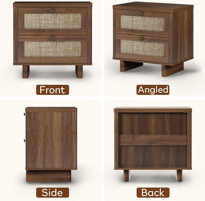 LAZZO Nightstands Set of 2 Large Night Stands 23.6" Wide Bedside Table Set of 2 with 2 Rattan Drawers and Bronze Ring Handles for Bedroom Walnut - Image 9