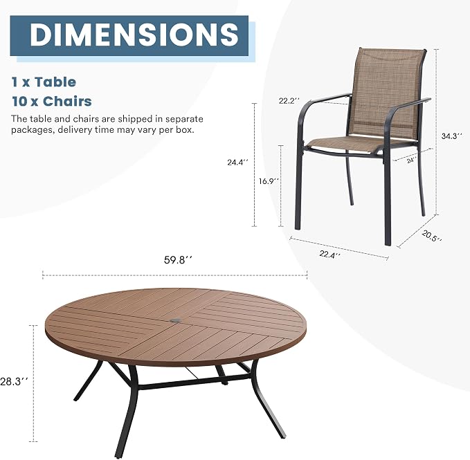 DIFY 11 Pieces Outdoor Patio Dining Set for 10, 59.8" Walnut Round Metal Dining Table and 10 Brown Stackable Sling Dining Chairs, Outdoor Table and Chairs for Lawn Garden Backyard Deck - Image 8