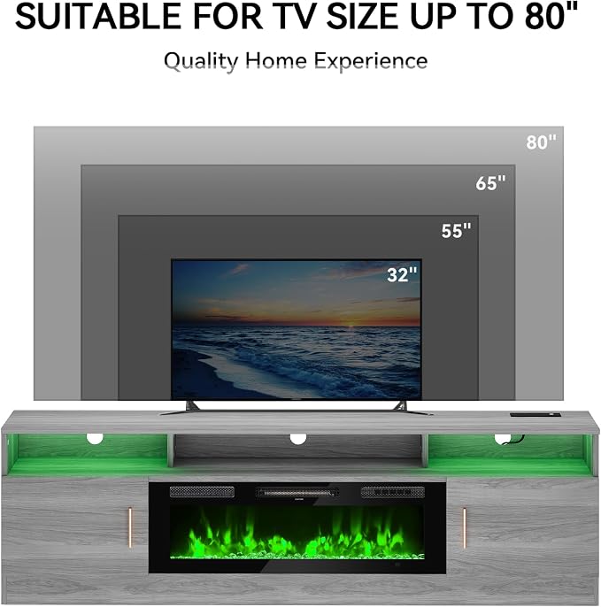 MXV 70" Fireplace TV Stand with Power Outlet for TVs UP to 80", Electric Fireplace Entertainment Center with LED Lights & Storage Cabinets, TV Console for Living Room, Office, Grey-Black - Image 8