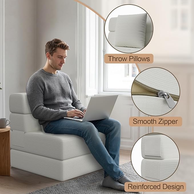 Folding Sofa Bed, Convertible Sleeper Chair & Couch Bed with Pillow, One-Piece High-Density Sponge Mattress, Multi-Purpose Corduroy Floor Sofa for Living Room, Office, Apartment, Beige, Single