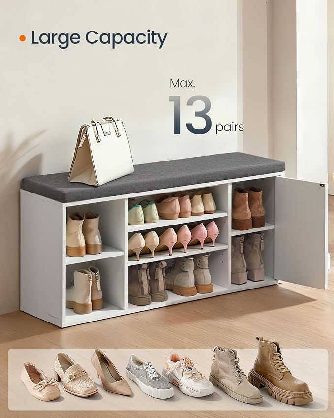 SONGMICS HOME Storage Bench, Superfast Toolless Assembly, 41" Wide Entryway Shoe Cubby Bench with Cushion & Adjustable Shelves, Window Shoe Rack Cabinet, Snow White and Slate Gray ULHS391WE02S - Image 7