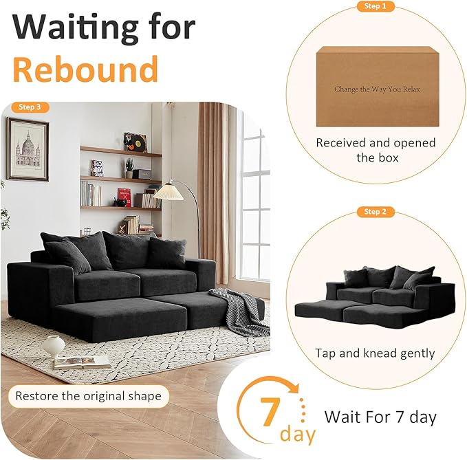 Modular Sectional Loveaeat Cloud Sofa, Boneless Couch with Non Slip Base, Cozy Sleeper Sofa for Customizable Living Spaces, Modern Modular Couch with L-Shape Chaise, Deep Seat & No Assembly, Black