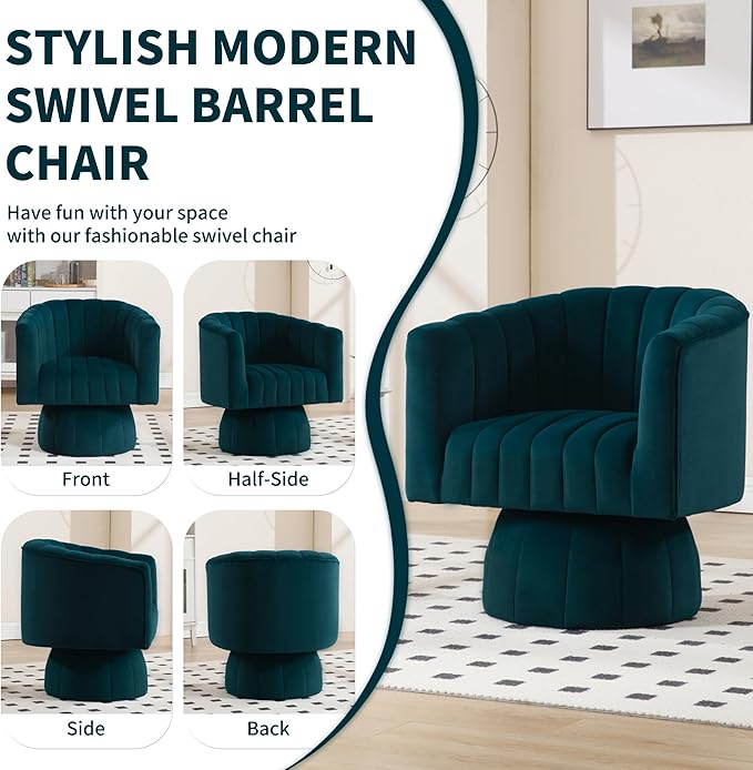 Swivel Accent Barrel Chair - Cute Comfy Small Round 360° Arm Chair Velvet Sofa Club Reading Chair for Living Room Bedroom Office Green