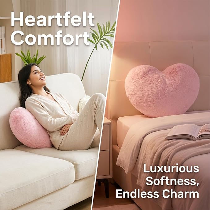 RAINFLOW Decorative Heart Pillow – Throw Pillow for Room Decor, Pink Throw Pillows Plush Faux Fur, Decorative Pillows for Bed Couch Bedroom, Christmas Pillows Gift