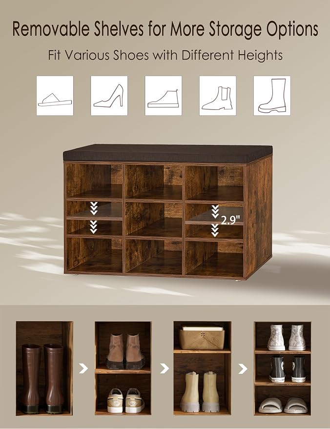 DINZI LVJ Shoe Storage Bench with Cushion, Cubby Rack with 9 Cubbies, Adjustable Shelves, Multifunctional Organizer Bench for Entryway, Mudroom, Hallway, Closet and Garage, Rustic Brown - Image 9