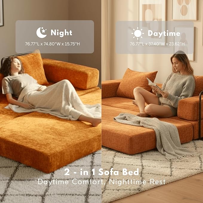 4-in-1 Folding Convertible Sofa Bed, 77" Floor Couch with Pillow - Chenille Fabric & High-Density Sponge & Fixed-Shape Frame, Modular Sofa for Living Room/Lounge/Studio, Orange