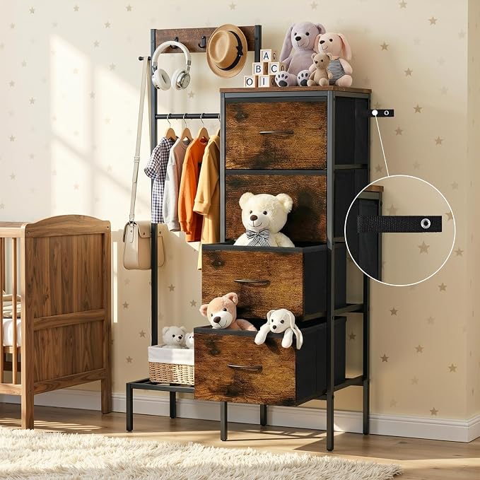 Lewondr Dresser with Hanging Rack and Storage Drawers, 4 Drawer Chest with Hooks and Hat Rack, Rustic Entryway Organizer for Clothes, Bags, Shoes and Accessories, Brown Wood Finish - Image 7