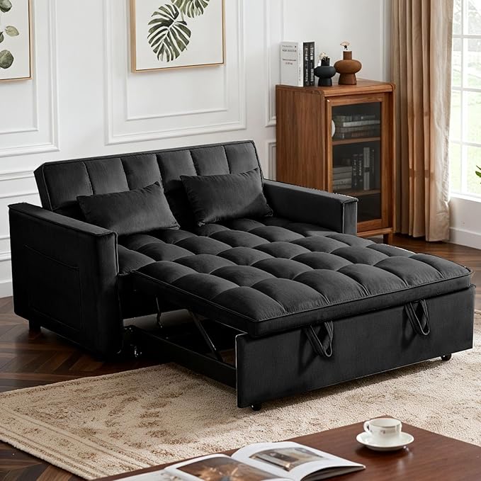 3 in 1 Convertible Sofa Bed, Love Seat Sleeper Bed with Side Pockets, Velvet Fabric Pull Out Couch with Adjustable Backrest for Living Room, Bedroom, Apartment, Black